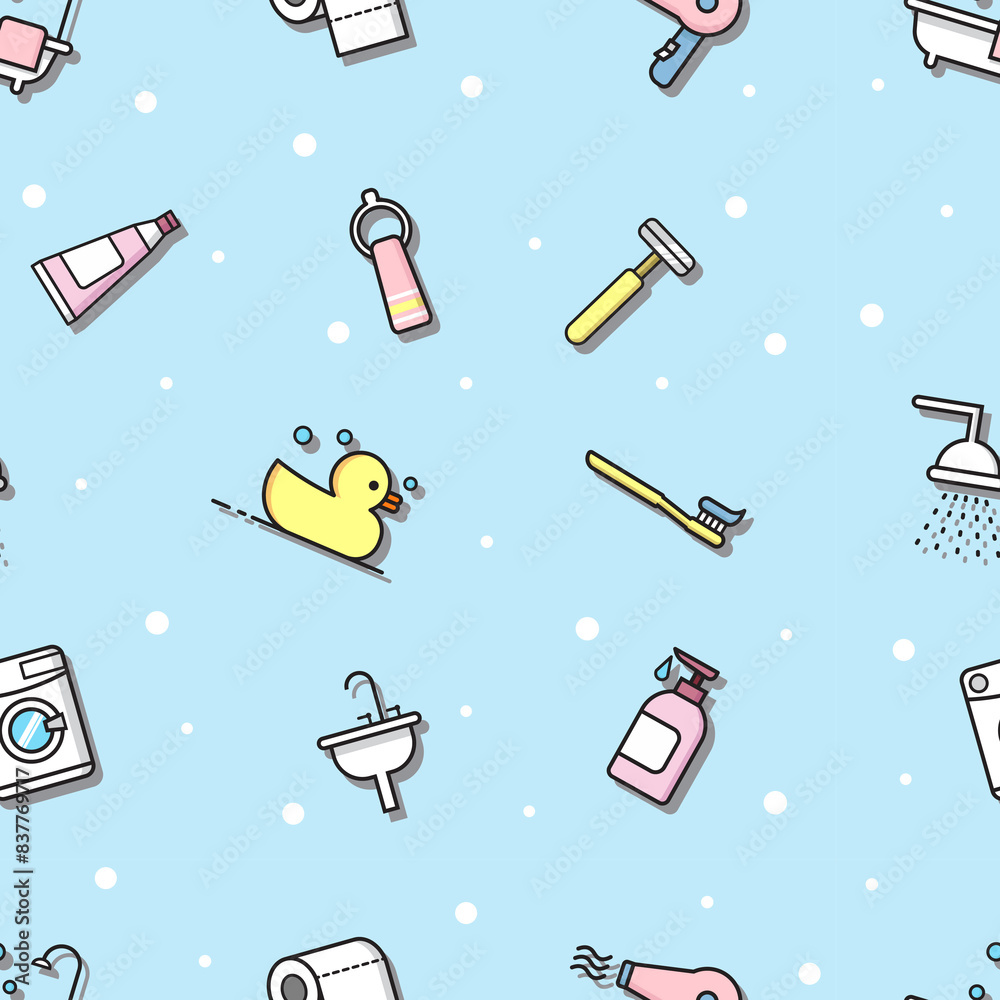 Obraz premium seamless pattern of cute cartoon pattern with bathroom supplies decorate with bubble isolated on blue background