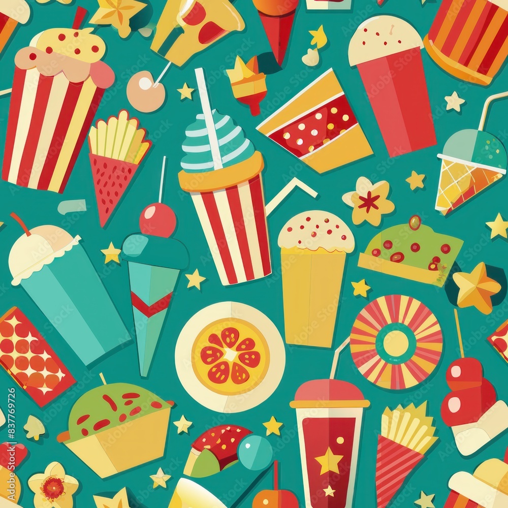 Seamless pattern of retro-inspired food and drink motifs like ice cream cones, soda bottles, and popcorn in bright colors, Generative AI Seamless pattern of retro-inspired food and drink motifs like ice cream cones, soda bottles, and popcorn in bright colors, Generative AI