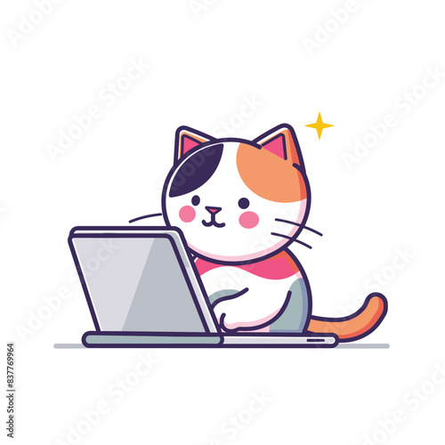 Cute cartoon cat using laptop, skilled kitty typing, charming feline digital user. Adorable tricolor cat working remotely, professional pet browsing internet, smart animal office concept. Cartoon photo