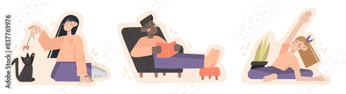 Leisure activities. Vector illustration of girl playing with cat, boy reading book, young woman doing yoga. Hobbies