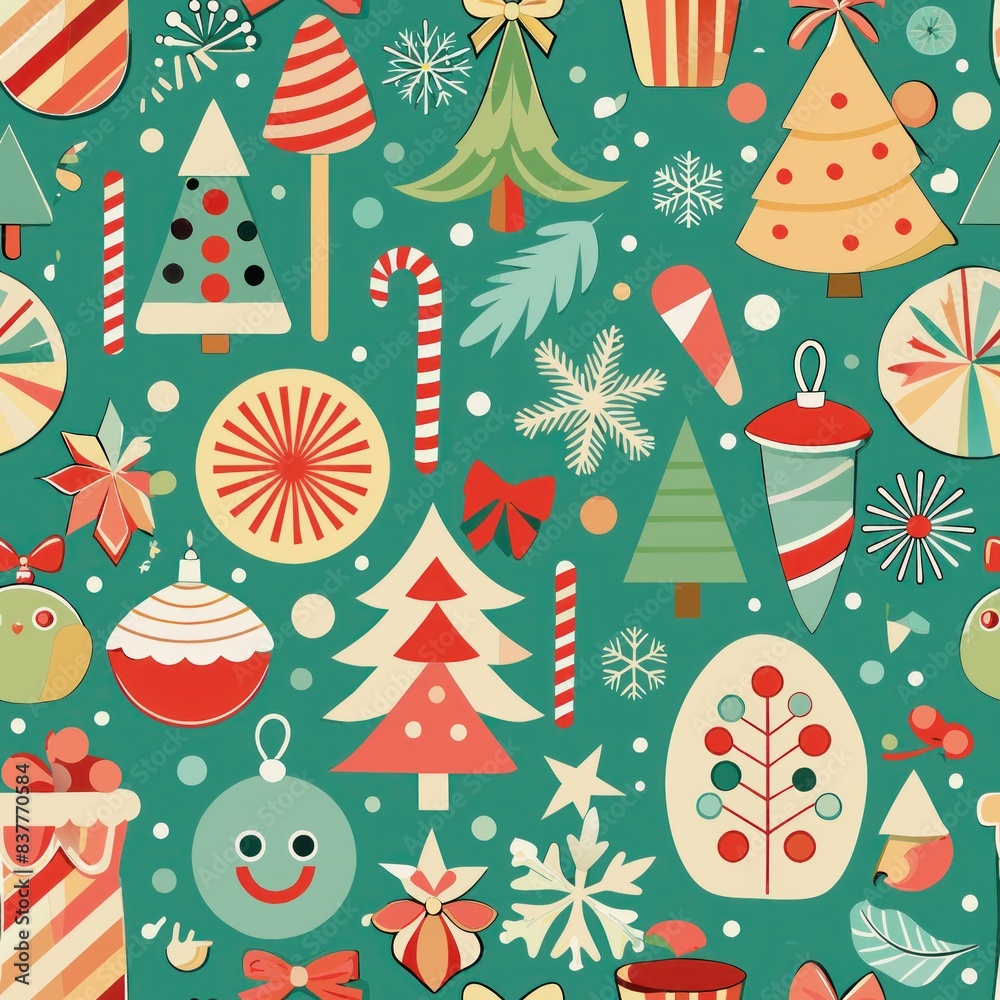 Seamless pattern of retro-inspired holiday motifs like Christmas trees, snowflakes, and candy canes in festive colors, Generative AI Seamless pattern of retro-inspired holiday motifs like Christmas trees, snowflakes, and candy canes in festive colors, Generative AI