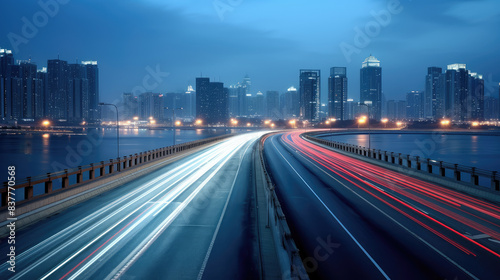 Urban Nightscape with Light Trails on Highway