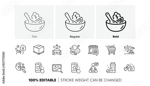 Delivery plane, Loyalty gift and Sodium mineral line icons. Pack of Search photo, Vip shopping, Delivery box icon. Food market, Search flight, Heart rating pictogram. Star rating. Line icons. Vector