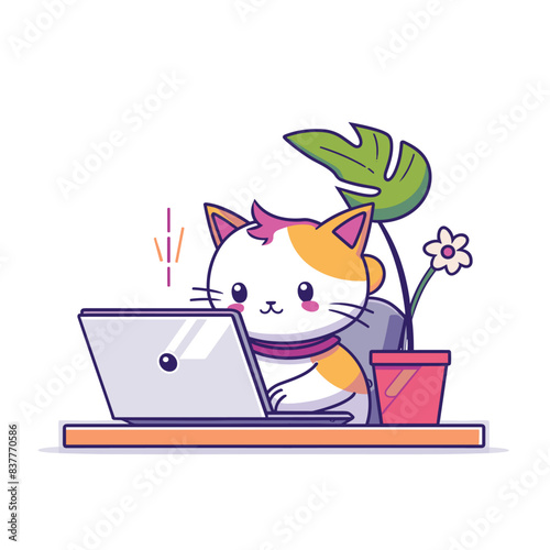 Cartoon cat using laptop, plant flower pot present. Orange white feline works computer, purple scarf, cute home setting. Animated kitten engaged online activity, techsavvy pet illustration