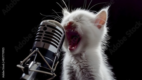 White kitten singing into a microphone. Close-up of a cute cat vocalizing. Ideal for music themes or humorous pet photos. AI photo