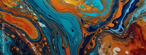 Acrylic pour painting with dynamic fluid patterns and rich melting colors, themes of creativity and color interplay. photo