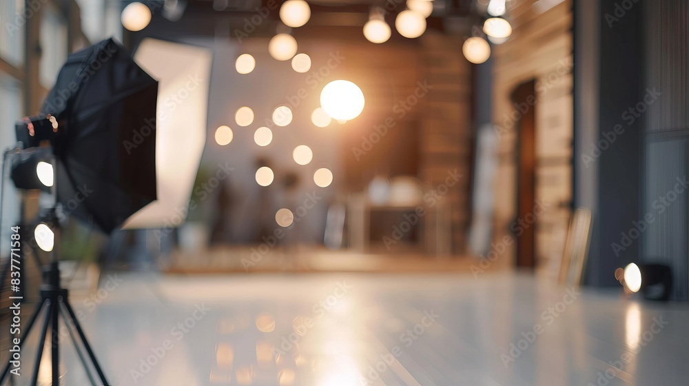 Empty photo studio with professional lighting. Blurred image of an empty photo studio, ready for a photoshoot, with professional lighting equipment set up.