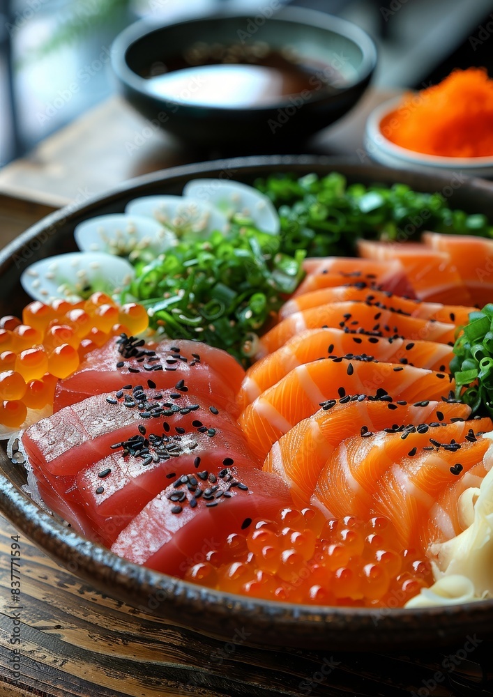 Sashimi - Fresh slices of tuna, salmon, and other fish on a bed of shredded daikon with soy sauce. Sashimi - Fresh slices of tuna, salmon, and other fish on a bed of shredded daikon with soy sauce.