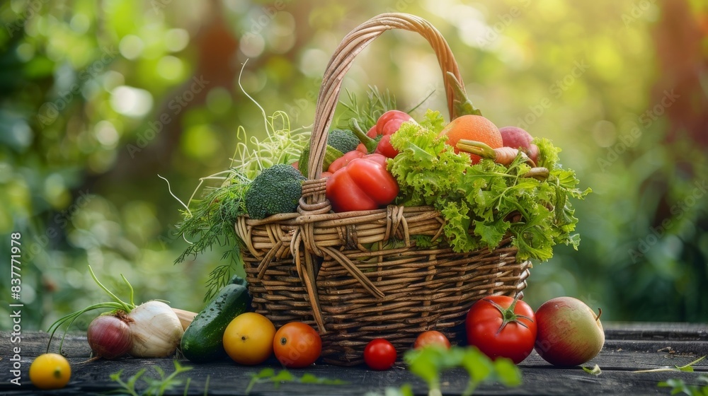 Basket of fresh summer fruits and vegetables close-up, concept of healthy living, organic green produce, can be eaten raw, top view, selective focus Basket of fresh summer fruits and vegetables close-up, concept of healthy living, organic green produce, can be eaten raw, top view, selective focus