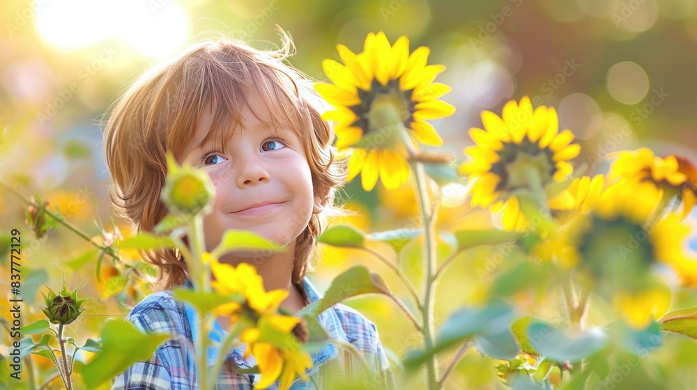 Cute little boy proud of his sunflower garden abstract digital art on white with copy space Cute little boy proud of his sunflower garden abstract digital art on white with copy space