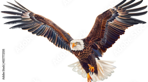 A close-up image of a bald eagle in flight with its wings spread wide against a white background © momina