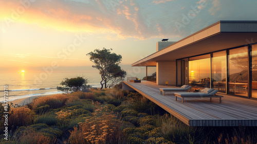 Coastal minimalist home with large windows, a wooden deck, and stunning ocean views.
