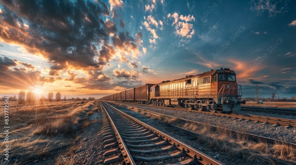 Obraz premium Freight train on railway track at sunset with dramatic clouds