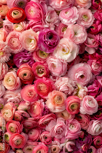 wall of different pink shades of ranunculus in a top view