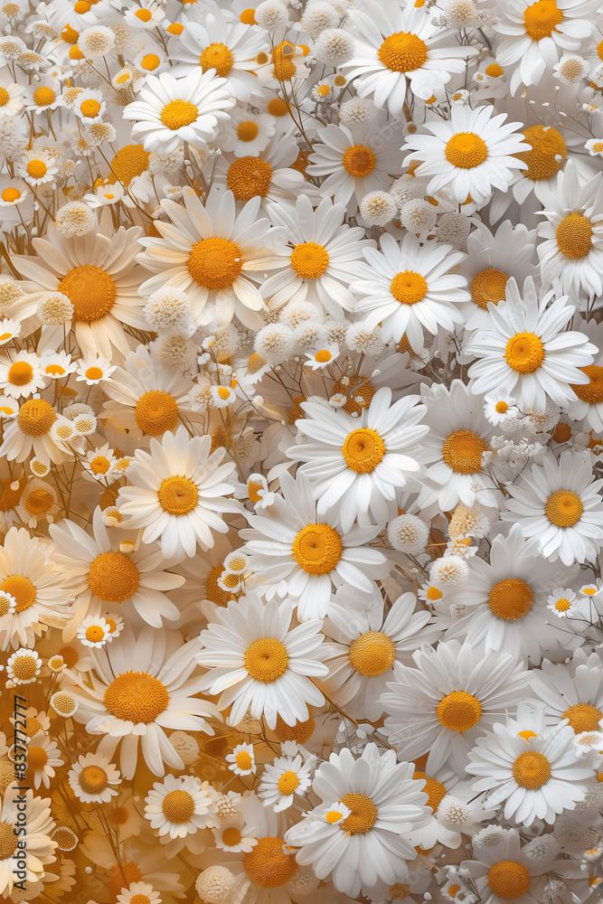 wall of different white shades of chamomile in a top view