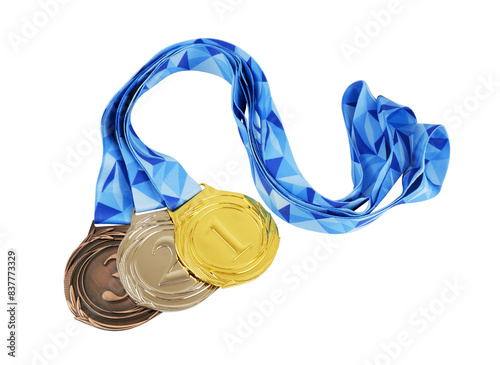 Gold, silver and bronze medal with blue ribbons isolated on white background photo