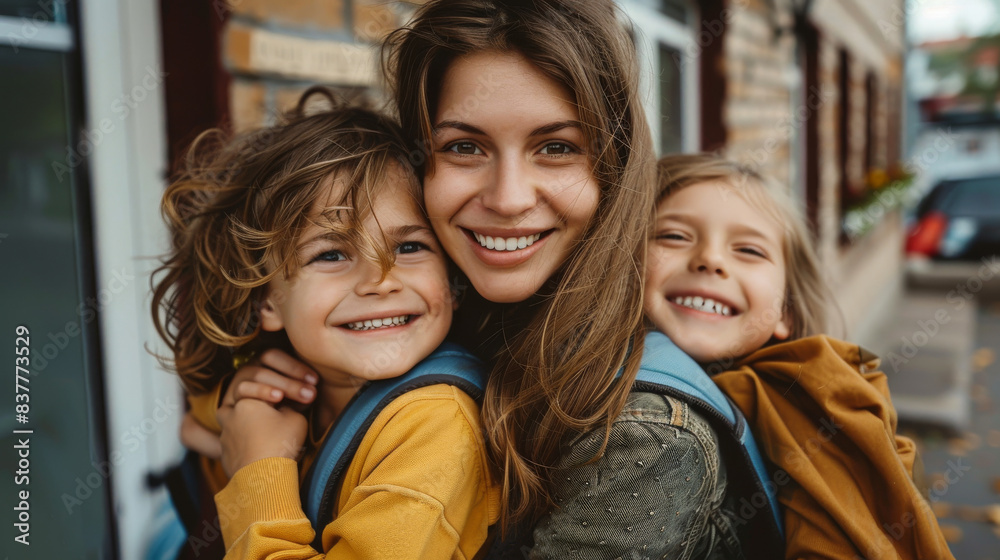 Mother and two children family in front of an elementary school on back to school day Mother and two children family in front of an elementary school on back to school day