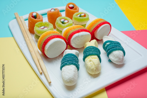 Various jelly strips, candies and marshmallows arranged to look like sushi