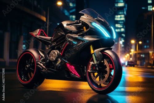 Modern electric motorcycle on a neon. Futuristic motorcycle parked in the middle of city