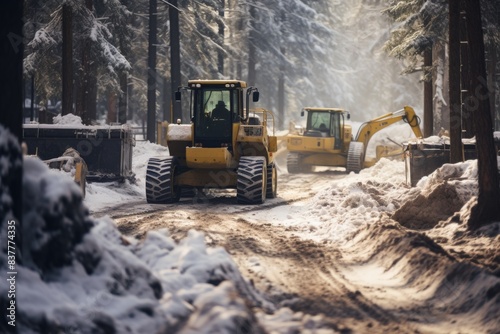 Snow in the forest on a construction site. Tractor is clearing snow from the road surrounded by trees