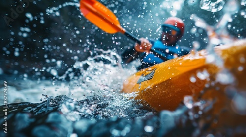 Rapid Adventure: Close-up of a kayaker paddling through rapids, capturing the dynamic motion and water splashing around, framed in vibrant colors for an exhilarating river experience.