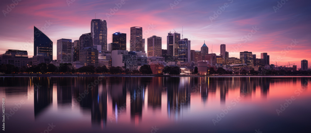 Obraz premium Stunning City Skyline at Sunset Reflection