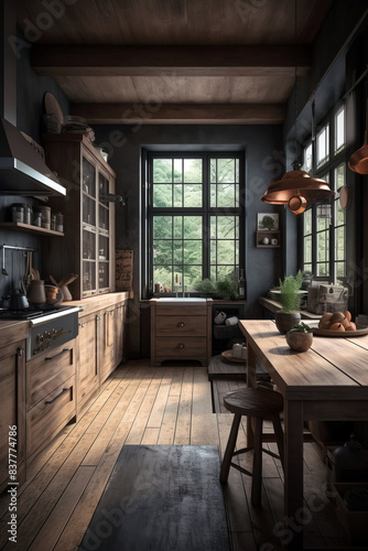 Interior of kitchen in a house in Rustic style.