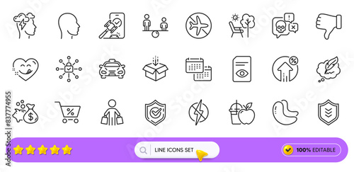 Mindfulness stress, Calendar and Shield line icons for web app. Pack of Get box, Antistatic, Juice pictogram icons. Special offer, Confirmed, Buyer signs. Cyber attack, Taxi, Copyright chat. Vector