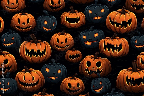 Seamless Pattern of Halloween Pumpkins with Glowing Faces: A Festive and Spooky Halloween Background Featuring Jack-o'-Lanterns in Orange and Black Variations, Perfect for Holiday Decorations, Invitat photo