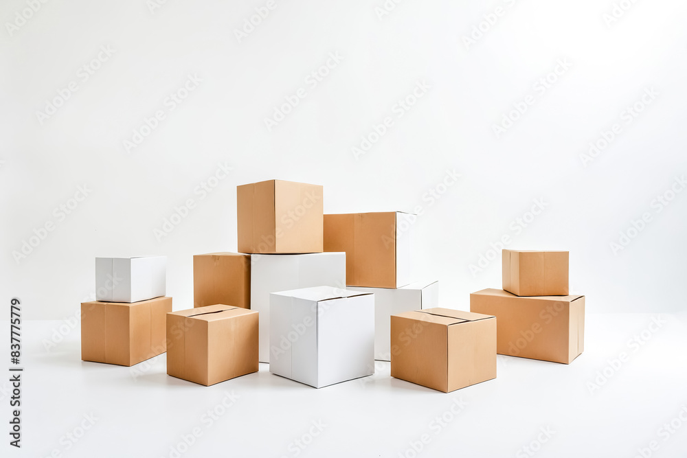 Obraz premium Cardboard boxes stacked on white background