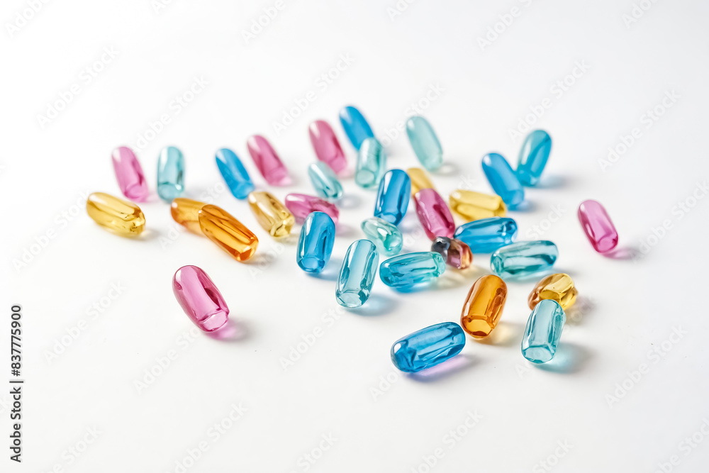 Colorful Capsules Scattered on White Background Colorful Capsules Scattered on White Background