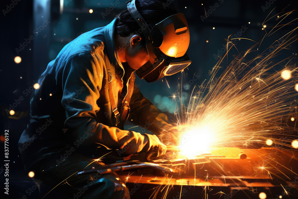 Industrial Welder at Work with Sparks Flying
