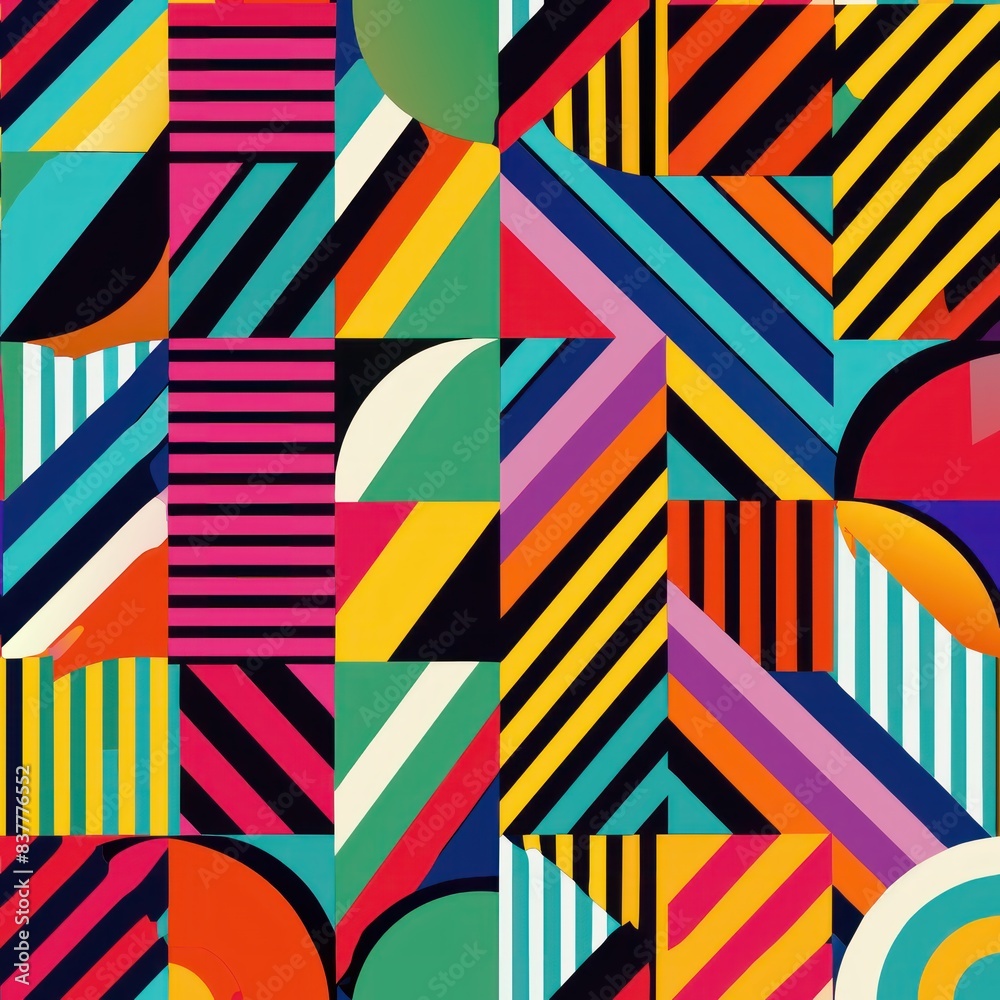 Seamless pattern of vibrant geometric shapes and bold stripes reminiscent of 1960s mod style, Generative AI Seamless pattern of vibrant geometric shapes and bold stripes reminiscent of 1960s mod style, Generative AI