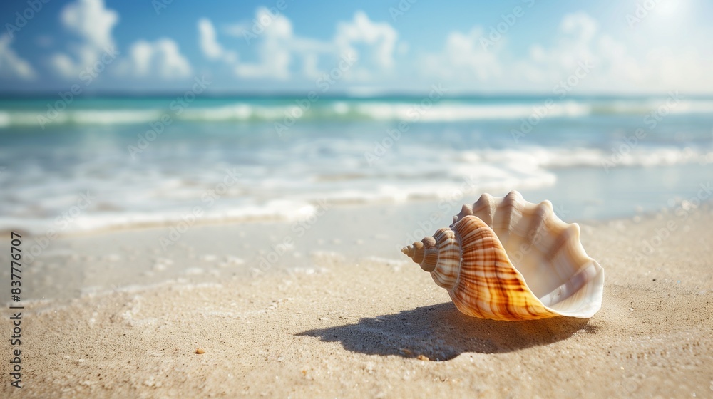 Seashell on Sandy Beach with Ocean Background Seashell on Sandy Beach with Ocean Background