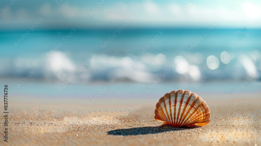 Seashell on Sandy Beach with Ocean Background Seashell on Sandy Beach with Ocean Background