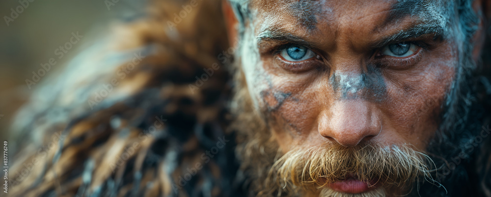 Close-up portrait of man, Viking with dirty wounded face and serious gaze. Historical character northern warrior Close-up portrait of man, Viking with dirty wounded face and serious gaze. Historical character northern warrior
