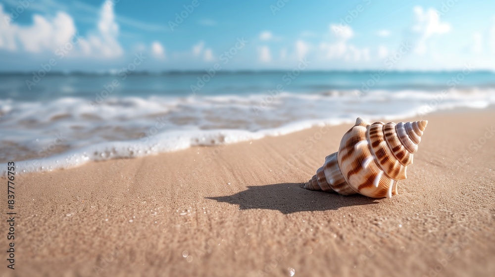 Seashell on Sandy Beach with Ocean Background Seashell on Sandy Beach with Ocean Background