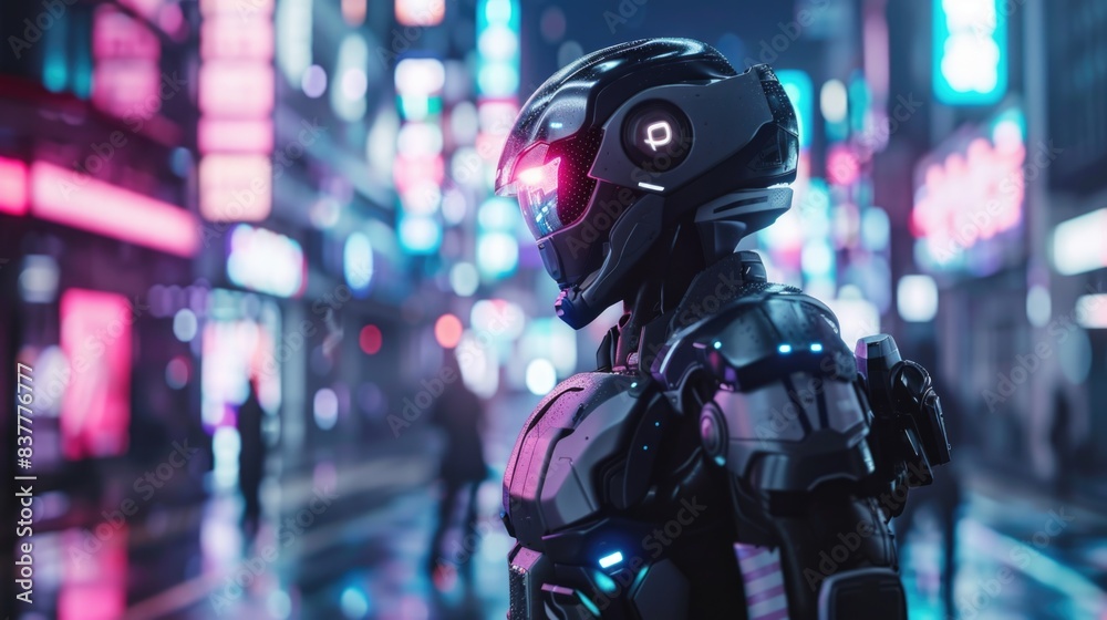 Cyborg Police Officer Standing in Futuristic City Cyborg Police Officer Standing in Futuristic City