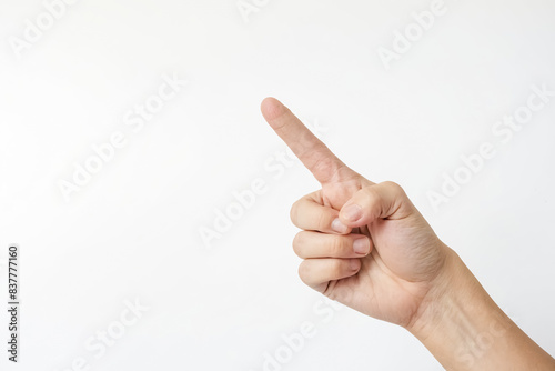 Hand pointing upwards on white background