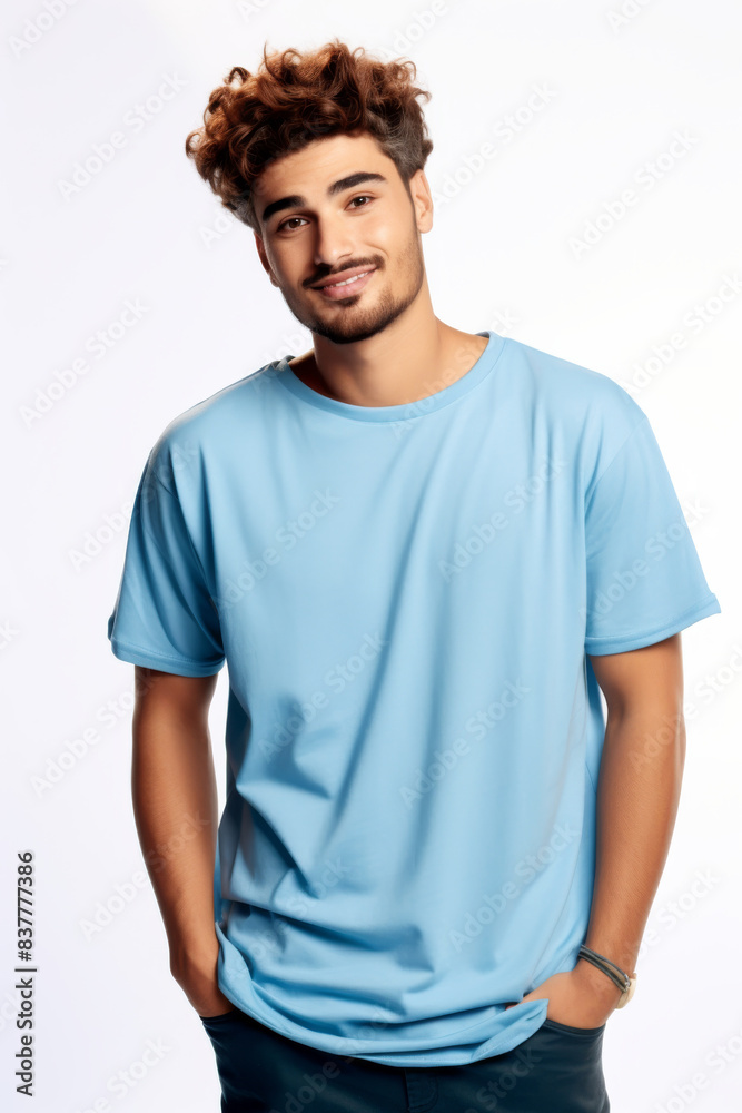 Obraz premium Latin american latino man wearing plain pure light blue blank oversized crew neck loose t-shirt isolated on white background