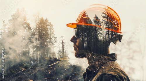 Portrait of a lumberjack man with safety helmet letting see forest trees backdrop photo