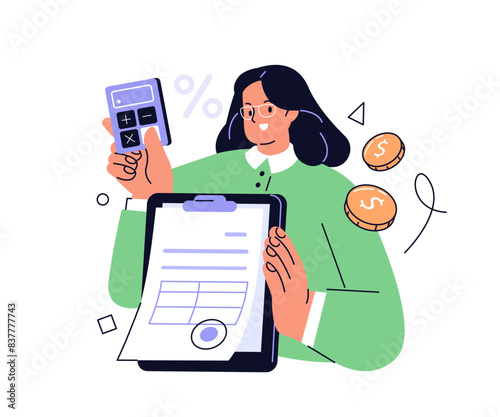 Finance concept illustration. Character preparing contract for tax calculation and filling tax declaration form. Accountant at work. Vector illustration.