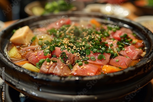 Shabu-Shabu - Thin slices of beef and vegetables cooked in a pot of boiling water and served with dipping sauces