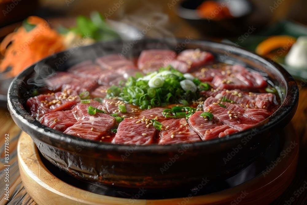 Shabu-Shabu - Thin slices of beef and vegetables cooked in a pot of boiling water and served with dipping sauces Shabu-Shabu - Thin slices of beef and vegetables cooked in a pot of boiling water and served with dipping sauces