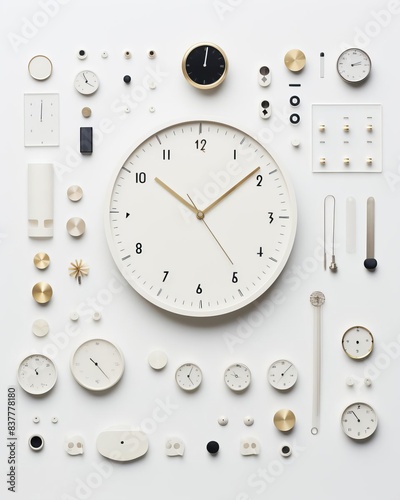 Minimalistic art of clock pieces laid out on a flat surface, blank background  Resolution Fujifilm XT3, soft focus, 55mm lens, f2 photo