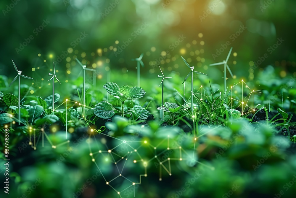 A conceptual image showcasing the integration of green energy solutions and sustainable power engineering, with symbols like wind turbines, solar panels, and eco-friendly technology