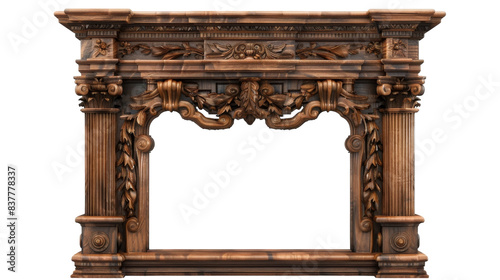 An ornate wooden fireplace mantel with fluted columns and intricate carvings. The mantel is a beautiful example of traditional craftsmanship photo