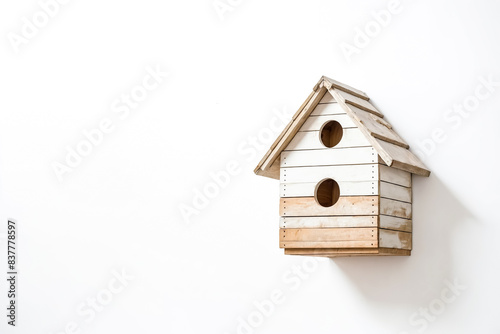 Wooden birdhouse on a white wall