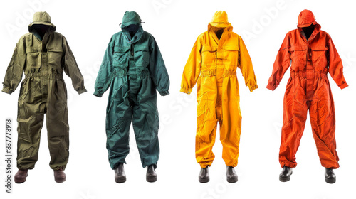 Four different colored workwear jumpsuits with hoods and hats
