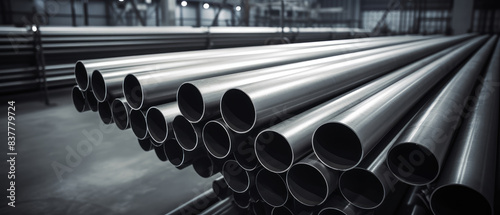 Stacked Industrial Metal Pipes in Warehouse